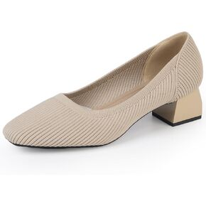 youngshow Womens Pumps Block Heels Square Toe Knit Comfortable Heel for Women Slip On Work Shoes for Woman Dress Classic Shoes Walk Office