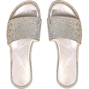 GORGLITTER Women's Rhinestone Sandals Dressy Slip on Fancy Flat Sandals Glitter Open Toe Slides