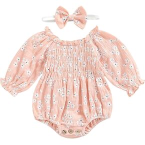 Infant Baby Girl Floral Romper Outfit Cotton Linen Smocked Bodysuit Long Sleeve Boho Clothes with Headband
