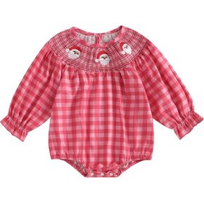 Omkzanbi Baby Girl Christmas Candy Cane Embroidery Smocked Bubble Romper Retro Plaid Bodysuit Cute Xmas Holiday Puff Jumpsuit