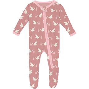 KicKee Welcome Home Footie with Zipper, Boy or Girl One-Piece, Super Soft Baby Clothes (Blush Stork - 0-3 Months)