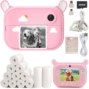 Kids Camera Instant Print Photo Cameras with 12 Rolls Refill Print Paper(Pink 32GB)