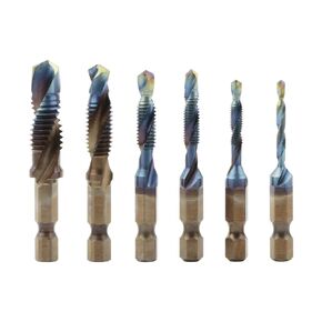 6Pcs Metric Drill Tap Combination Bit Set, 1/4" Hex Shank Drill HSS Drill Bit Spiral Screw Thread Taps Drill Bits Set for Drilling Tapping Countersinking