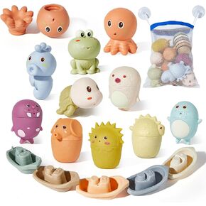 Animal Bath Toys with Floating Boats for Toddlers 1-3, 15 PCS Mold Free Bathtub Toy for Infants 6-12 Months, Eco-Friendly Non Toxic Water Table Toys