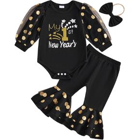 My First New Years Baby Girl Outfit 0 3 6 12 Months Newborn Long Sleeve Romper Onesie Flare Pants Clothes Set