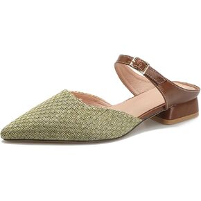 Closed Pointed Toe Adjustable Strap Mules for Women, Womens 1 Inch Low Block Chunky Heeled Sandals Mules Cute Textile Backless Slip On Loafer Shoes