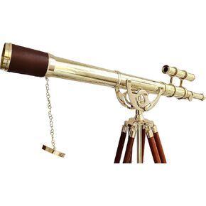 Vintage Double Barrel Shiny Brass Telescope with Floor Standing Wooden Tripod Handicraft Anchor Master Brown Leather - Navirock