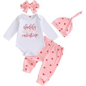 Karuedoo Newborn Infant Baby Girl Valentines Day Outfit Letter Print Long Sleeve Romper Heart Pants Headband Hat 4Pcs Sets