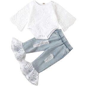 Baby Girl Outfits Set Lace Ruffle Romper Bodysuit Flare Denim Jean Pants 2Pcs Set Newborn Infant Clothing