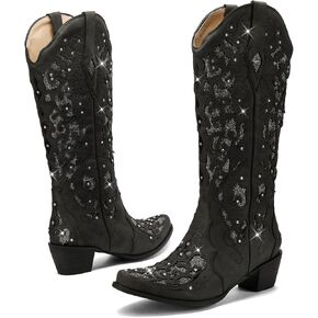 LingxiaUne Western Cowboy Boots with Wide Calf Cowgirl Boots Women Sparkly Rhinestone Wedding Boots Trendy Vintag Tall Glitter Boots with Embroidery and Chunky Heel for Daily Wearing|Office|Party
