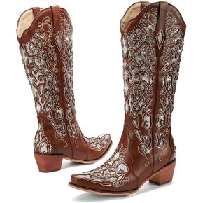 LingxiaUne Western Cowboy Boots with Wide Calf Cowgirl Boots Women Sparkly Rhinestone Wedding Boots Trendy Vintag Tall Glitter Boots with Embroidery and Chunky Heel for Daily Wearing|Office|Party