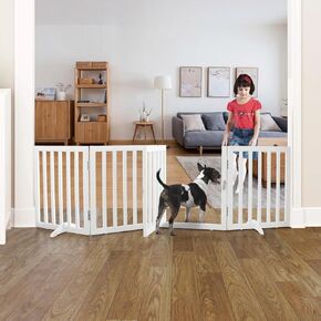 ZJSF Foldable Indoor Dog Gate for House Freestanding Dog Gates with Door Walk Through Wooden Extra Wide White Indoor Puppy Gate 4 Panels Tall Pet Gate Dog Fence 24''H