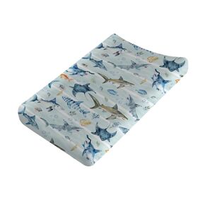 Blue Sharks Baby Changing Pad Covers Sea Animals Sharks Stripes Diaper Changing Table Sheets for Boy Girl Ocean Fishes Corals Nautical Life Soft Stretchy Fitted Nursery Change Table Mats 32''x16''