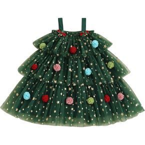 1-6Y Toddler Baby Girl Christmas Dress Star Pompom Layered Ruffle Tulle Mesh Dresses Little Kids Girls Cake Smash Dress