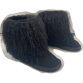 GR196 Women's Tibetan Mid-Half Short Fur Boot Real Mongolian Hairy Furry Sheepskin Snow Boots Long Hair Shoes For Lady Outside Boots