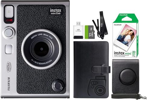 كاميرا FUJIFILM INSTAX Mini EVO Hybrid الفورية باللون البني + فيلم Fuji Instax 20 ورقة + حافظة مخصصة وألبوم 32 جيجابايت حزمة ملحقات in Saudi Arabia