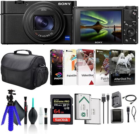 Sony Cyber-Shot DSC-RX100 VII Digital Camera DSC-RX100M7, 64GB Memory Card, Case, NP-BX1 Battery, Card Reader, Corel Photo Software, HDMI Cable, Charger, Flex Tripod, and More in Saudi Arabia