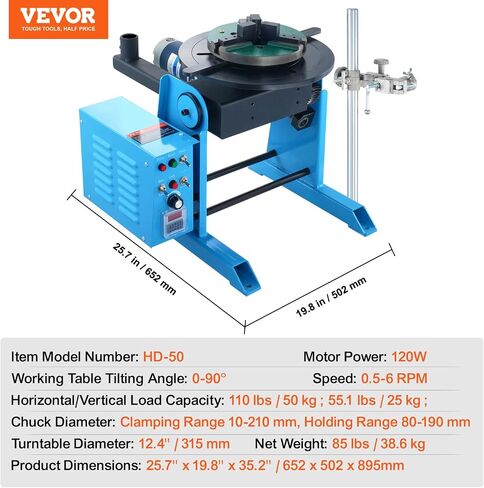 VEVOR Rotary Welding Positioner 66LBS / 30KG, 0-90° Welding Positioning Turntable Table 1-12RPM 80W, with 12.4 Inch 3-Jaw Lathe Chuck & Welding Torch Stand Holder for Cutting, Grinding, Assembly in Saudi Arabia