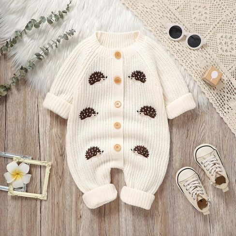 Infant Baby Boy Girl Embroidery Hedgehog Knitted Sweater Romper Long Sleeve Button Jumpsuit Warm Winter Clothes in Saudi Arabia