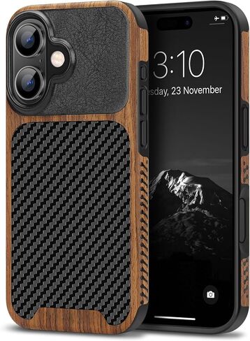TENDLIN Magnetic Case Compatible with iPhone 16 Pro Phone Case Wood Grain with Carbon Fiber Texture Design Leather Hybrid Slim Case (Compatible with MagSafe) Black in Kuwait