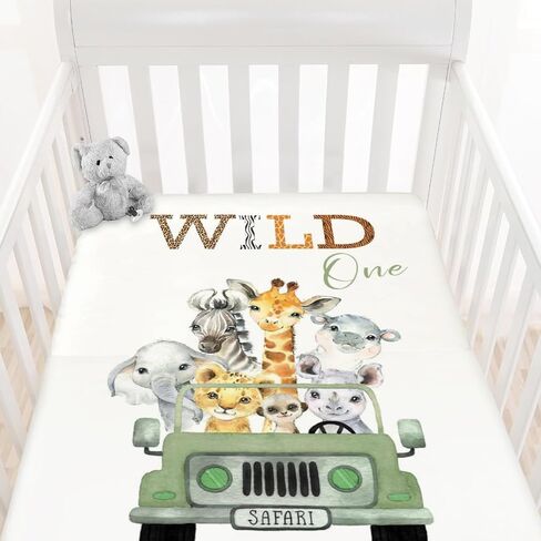 HawSkgFub Wild One Safari Animals Truck Fitted Standard Crib Sheet for Baby Boy Girl, Neutral African Jungle Animal Toddler Mattress Cover, Soft Stretchy Nursery Bed Sheets Decor Kids Gift 52 x 28 in Saudi Arabia