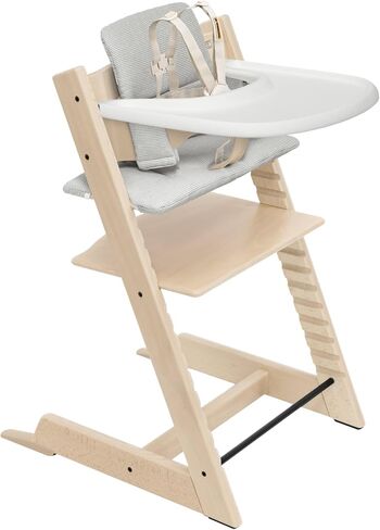 كرسي مرتفع Stokke Tripp Trapp 2 (طبيعي)، وسادة 2 (رمادي شمالي) + صينية Stokke (أبيض) - تتضمن كرسي + مجموعة أطفال مع حزام قابل للإزالة للأطفال من عمر 6 إلى 36 شهرًا in Kuwait