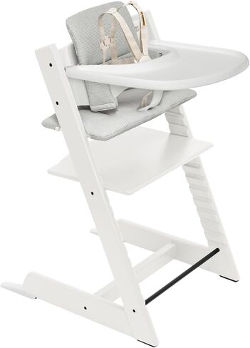 كرسي مرتفع Stokke Tripp Trapp 2 (طبيعي)، وسادة 2 (رمادي شمالي) + صينية Stokke (أبيض) - تتضمن كرسي + مجموعة أطفال مع حزام قابل للإزالة للأطفال من عمر 6 إلى 36 شهرًا in Kuwait