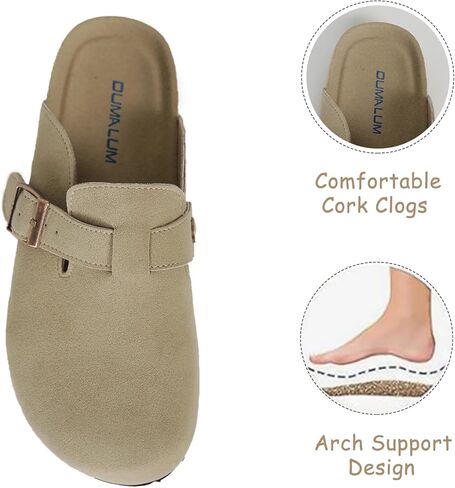 قباقيب للنساء والرجال من جلد الغزال، قباقيب بإبزيم قابل للتعديل، شباشب كلاسيكية مضادة للانزلاق من الفلين ووسادة قدم للجنسين (كاكي، 7) in Kuwait