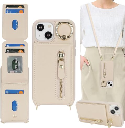 حافظة لهاتف آيفون 15 بلس مع حامل بطاقة للنساء، حافظة هاتف آيفون 15 بلس مع حزام وفتحات لبطاقة الائتمان مع حافظة بسحاب بمسند لهاتف آيفون 15 بلس - ذهبي وردي in Kuwait