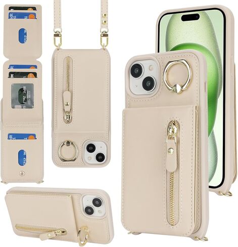 حافظة لهاتف آيفون 15 بلس مع حامل بطاقة للنساء، حافظة هاتف آيفون 15 بلس مع حزام وفتحات لبطاقة الائتمان مع حافظة بسحاب بمسند لهاتف آيفون 15 بلس - ذهبي وردي in Kuwait