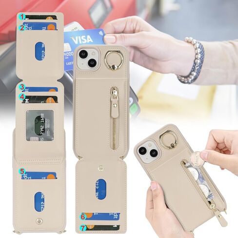 حافظة لهاتف آيفون 15 بلس مع حامل بطاقة للنساء، حافظة هاتف آيفون 15 بلس مع حزام وفتحات لبطاقة الائتمان مع حافظة بسحاب بمسند لهاتف آيفون 15 بلس - ذهبي وردي in Kuwait