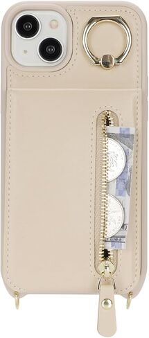 حافظة لهاتف آيفون 15 بلس مع حامل بطاقة للنساء، حافظة هاتف آيفون 15 بلس مع حزام وفتحات لبطاقة الائتمان مع حافظة بسحاب بمسند لهاتف آيفون 15 بلس - ذهبي وردي in Kuwait