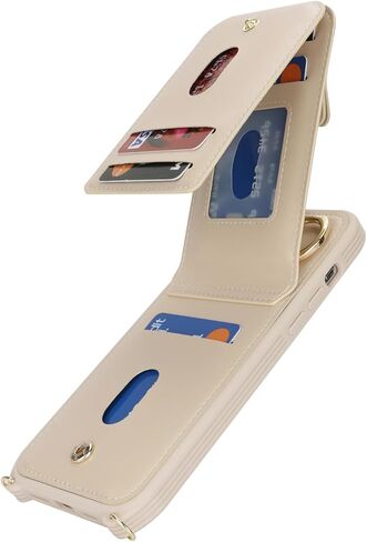 حافظة لهاتف آيفون 15 بلس مع حامل بطاقة للنساء، حافظة هاتف آيفون 15 بلس مع حزام وفتحات لبطاقة الائتمان مع حافظة بسحاب بمسند لهاتف آيفون 15 بلس - ذهبي وردي in Kuwait