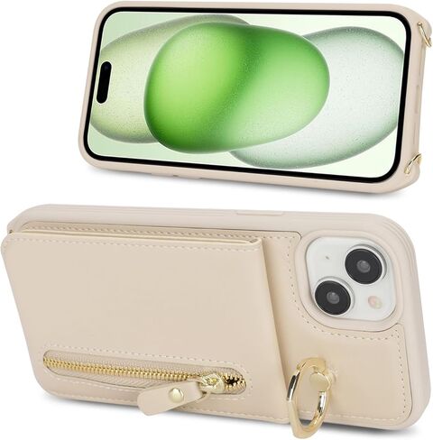 حافظة لهاتف آيفون 15 بلس مع حامل بطاقة للنساء، حافظة هاتف آيفون 15 بلس مع حزام وفتحات لبطاقة الائتمان مع حافظة بسحاب بمسند لهاتف آيفون 15 بلس - ذهبي وردي in Kuwait