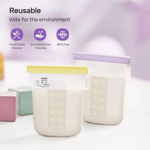 Nuliie 7Pcs Reusable Silicone Breastmilk Storage Bags, 12oz/360ml | Double Leak-Proof, BPA Free, Self-Standing for Breastfeeding, Baby Food Pouches in Saudi Arabia