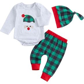 Muasaaluxi My First Christmas Baby Boy Outfit Long Sleeve Santa Claus Romper Long Pants Hat 3Pcs Xmas Clothes Set 0-18M