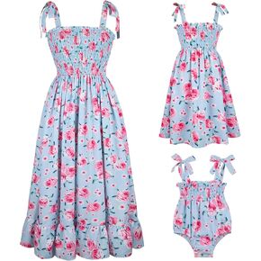 Mommy and Me Floral Smocked Dress Family Matching Outfits Set Sleeveless Sundress Beach Summer Casual Dress
