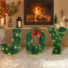 3 Piece Outdoor Joy Christmas Decoration, Lighted Joy Yard Signs Yard Lights Display Set for Christmas Outdoor Patio Lawn Green Decor