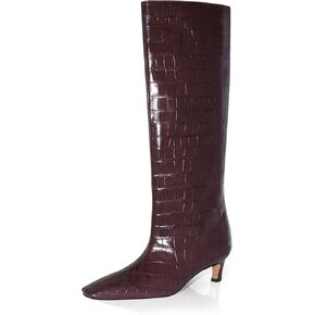 iadore Women's Western Knight Boots, Vegan Leather Crocodile Printed Square Toe Kitten Heel Wide Straight Shaft Knee High Boots 2 Inch in Saudi Arabia
