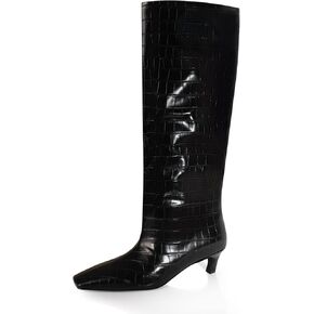 iadore Women's Western Knight Boots, Vegan Leather Crocodile Printed Square Toe Kitten Heel Wide Straight Shaft Knee High Boots 2 Inch