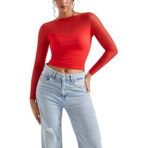 SUUKSESS Women Double Line Mesh Sheer Crop Tank Tops Boat Neck Long Sleeve Shirts