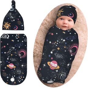 Space Galaxy Newborn Swaddle Blanket with Beanie Set, Soft and Stretchy Baby Blanket Swaddle Sack for Boy and Girl