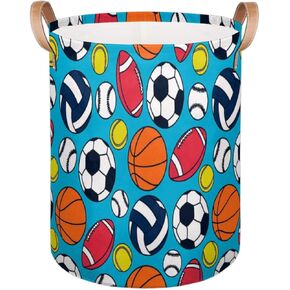 Sports Baseball Theme Large Round Laundry Basket Collapsible Laundry Hamper with Leather Handles Durable Dirty Clothes Storage Bins for Living Room Bedroom Dorm Closet Organizers and Storage