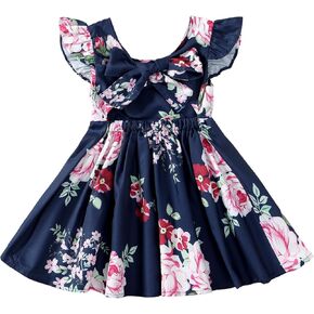 LYSMuch Toddler Baby Girls Floral Dress Backless Ruffle Outfit Summer Clothes（Navy Blue 12-18 Months）