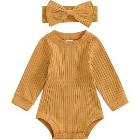 ZAXARRA Infant Baby Girl Fall Outfit Clothes Long Sleeve Knit Romper Jumpsuit with Headband Newborn Coming Home Clothing (Khaki, 0-3 Months) in Kuwait