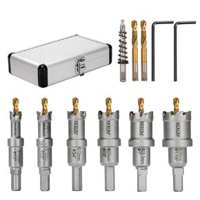 6Pcs Hole Saw(13-29mm) TCT Carbide Hole Saw Kit for Hard Metal, Extra 2xTitanium & 1xStepped Pilot Drill bits and 2Pcs Hex Key for Stainless Steel, Iron,Aluminum,Alloy,Metal