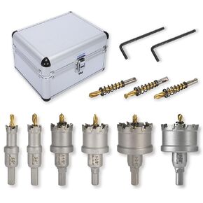 TCT Carbide Hole Saw Kit for Hard Metal 11Pcs in Total(16-48mm), 6Pcs Hole Cutters with 3Pcs Extra Pilot Drill bits and 2Pcs Hex Keys for Stainless Steel, Iron,Aluminum,Alloy,Metal.