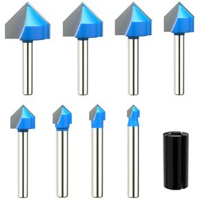 1/4 Inch Shank 90 Degree V Groove Router Bit 8 Pcs Double Flute Engraving Bit Carbide Tipped Woodworking Chamfer Bevel Tool- 1/4", 5/16", 3/8", 1/2", 5/8", 3/4", 7/8", 1" Cutting Diameter