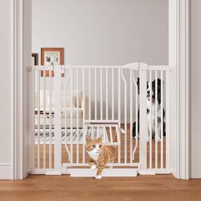 Dog Gate, 29.5-43'' Extra Wide Auto Close Pet Gate with Lockable Cat Door, Dog Gate Indoor with 1.37'' Narrower Bar Spacing, Pressure or Wall Mounted Cat Gate for Doorway and Stairs