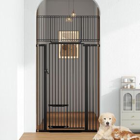 Extra Tall Cat Gate for Doorway - 30"-39.5" Extra Tall Pet Gate with Adjustable Cat Door, Pressure Mounted Easy Walk Through Metal Baby Gate for Stairs, Doorway, Kitchen, Hallway
